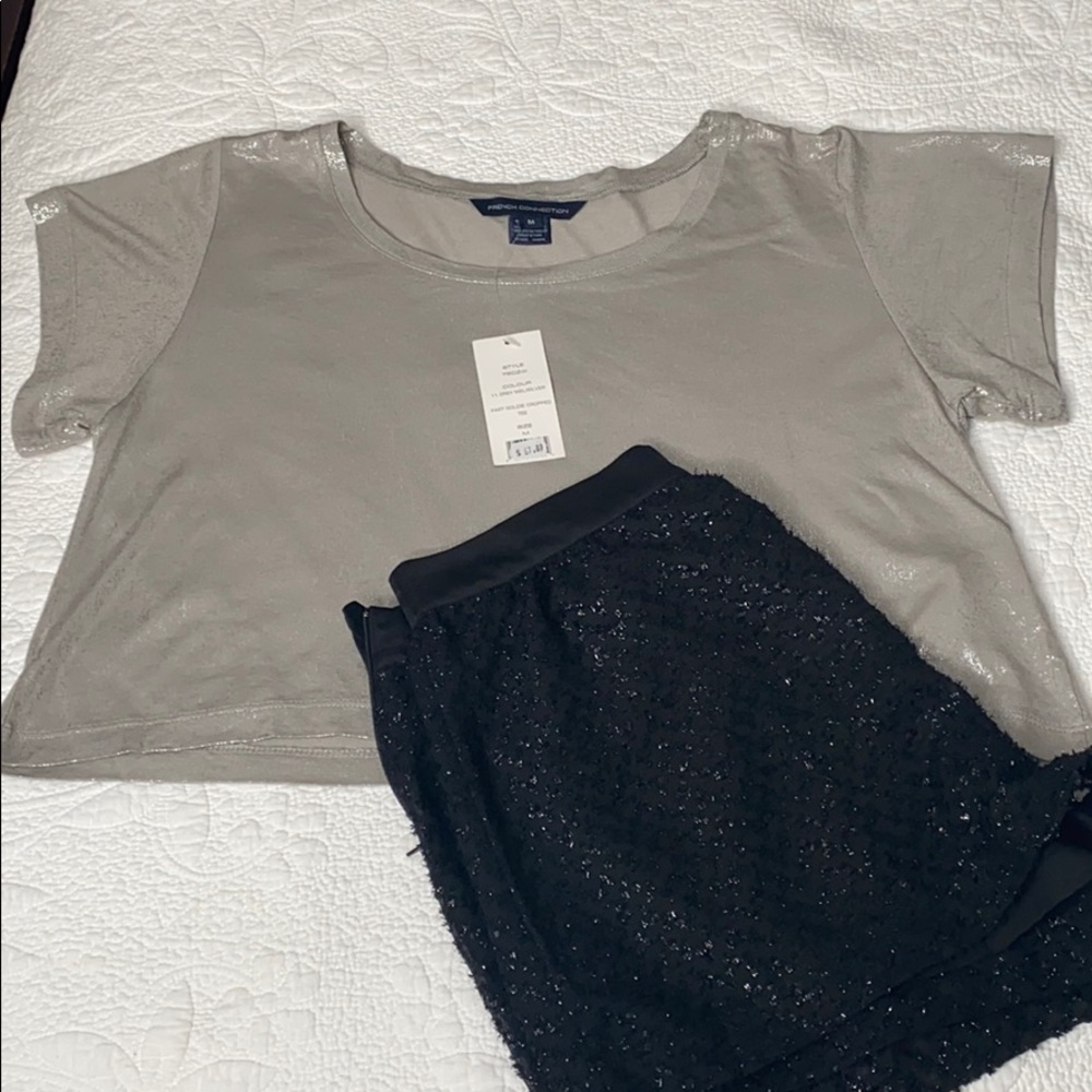 French Connection Metallic Grey Silver Cropped Tee